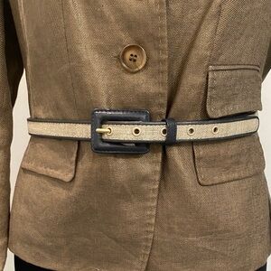 Talbots Leather Linen Belt Blue & Cream Size Large Adjustable